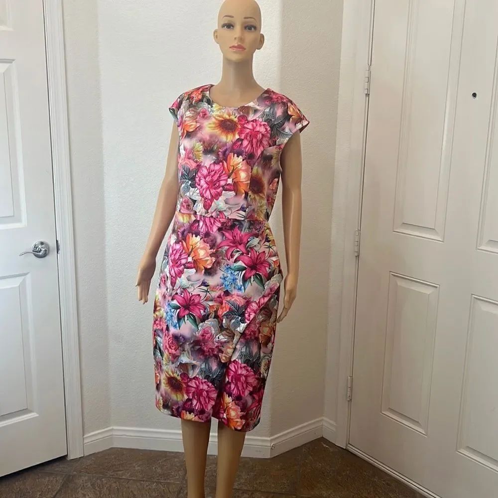 New York & Company Large Dress Bright Pink Floral Midi Scoop Neck Cap Sleeve
